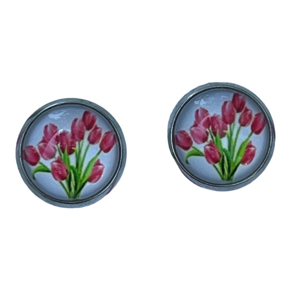 Red Tulip Earrings Inspired earrings Stud Cute Red Bouquet Flower Earrings Round - Picture 6 of 12